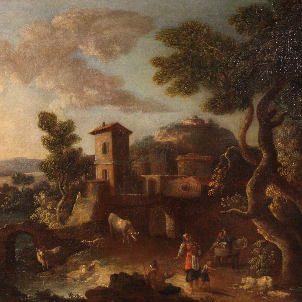 Grande dipinto italiano del XVII secolo, paesaggio di campagna con figure-photo-2