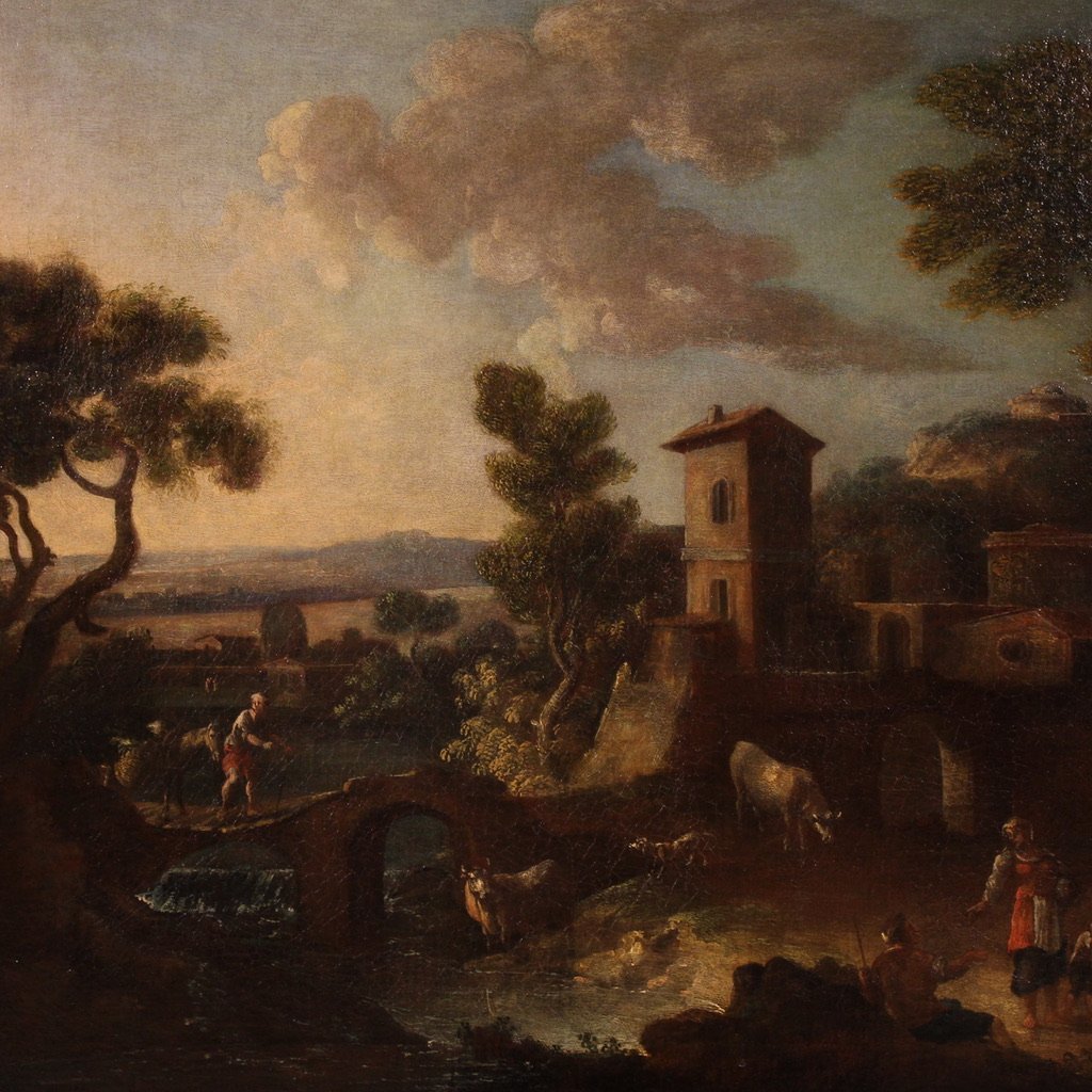 Grande dipinto italiano del XVII secolo, paesaggio di campagna con figure-photo-4
