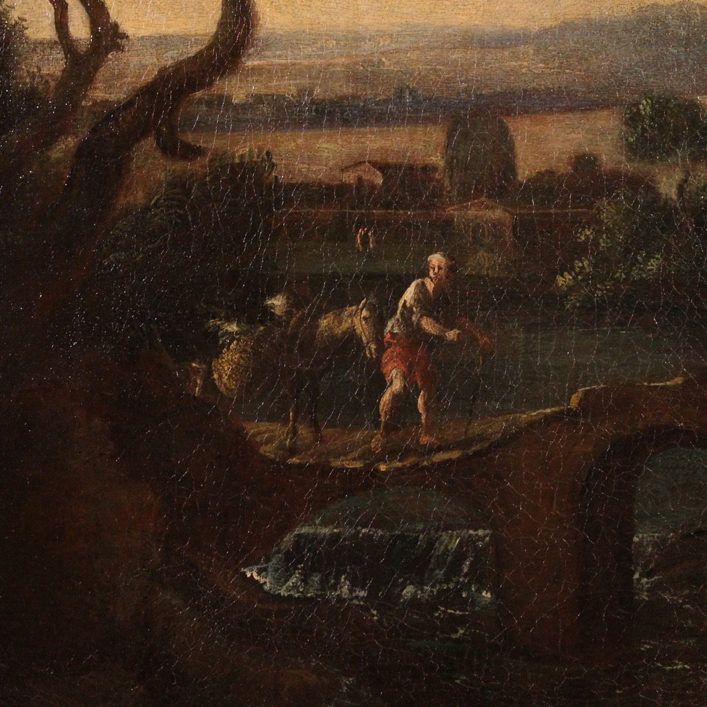 Grande dipinto italiano del XVII secolo, paesaggio di campagna con figure-photo-5