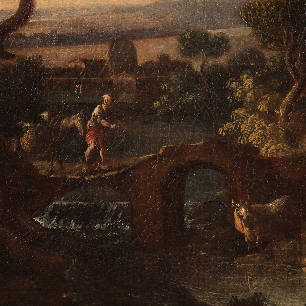 Grande dipinto italiano del XVII secolo, paesaggio di campagna con figure-photo-7