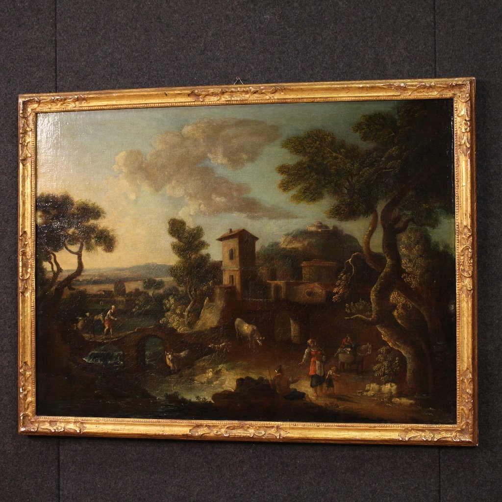 Grande dipinto italiano del XVII secolo, paesaggio di campagna con figure-photo-8