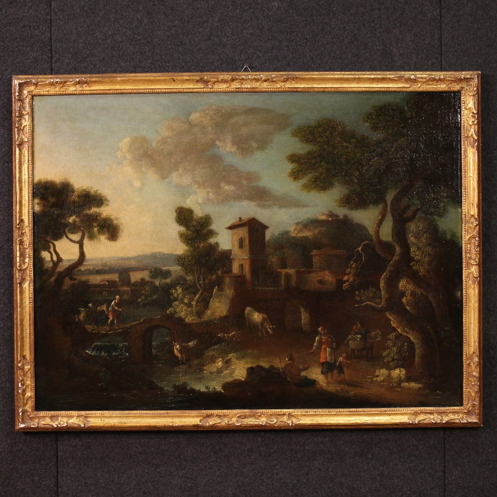 Grande dipinto italiano del XVII secolo, paesaggio di campagna con figure