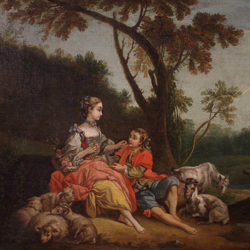 Quadro di scuola francese del XVIII secolo, scena galante rococò-photo-3
