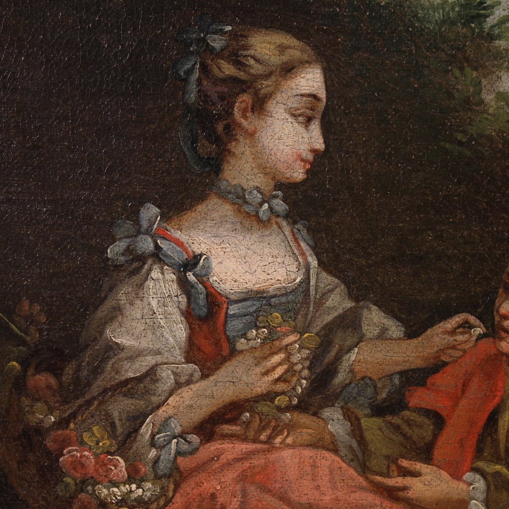 Quadro di scuola francese del XVIII secolo, scena galante rococò-photo-1