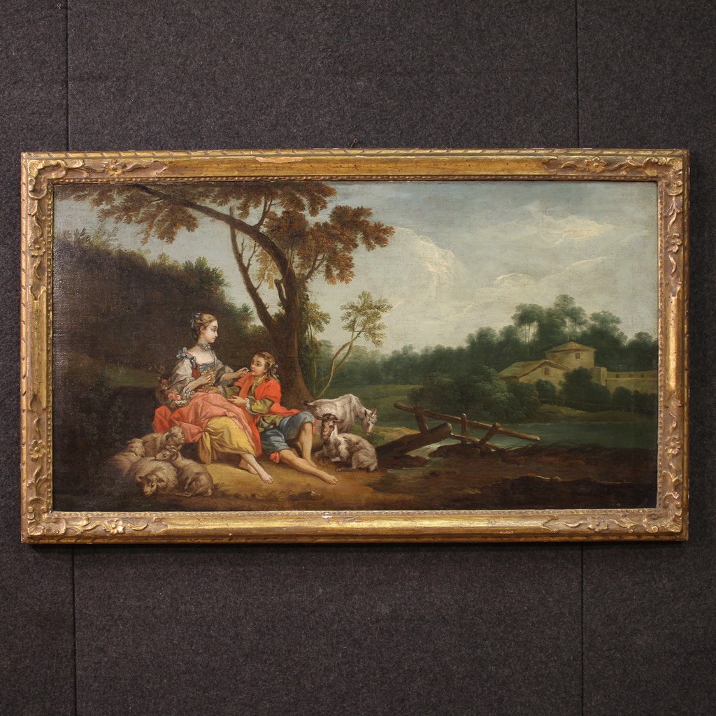 Quadro di scuola francese del XVIII secolo, scena galante rococò