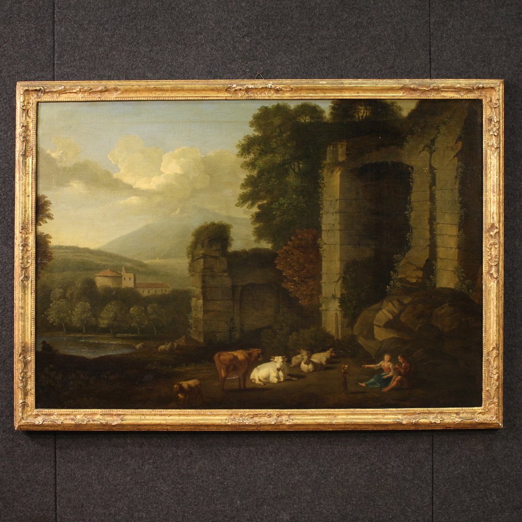 Grande dipinto italiano del XVII secolo, paesaggio bucolico con rovine-photo-2