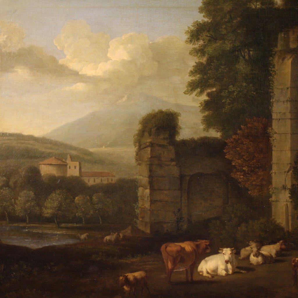 Grande dipinto italiano del XVII secolo, paesaggio bucolico con rovine-photo-4