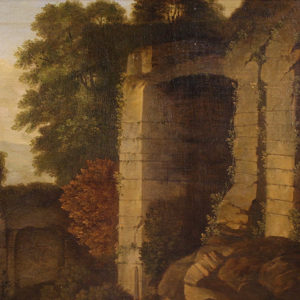 Grande dipinto italiano del XVII secolo, paesaggio bucolico con rovine-photo-5