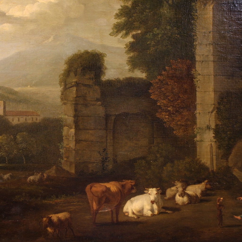 Grande dipinto italiano del XVII secolo, paesaggio bucolico con rovine-photo-7