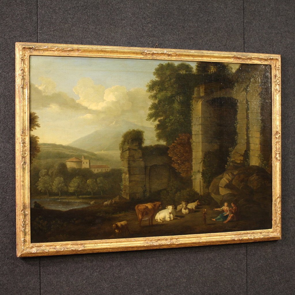 Grande dipinto italiano del XVII secolo, paesaggio bucolico con rovine-photo-8
