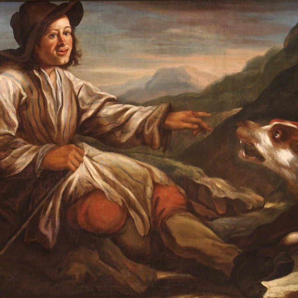 Antico dipinto lombardo del XVII secolo, il pastore con i suoi cani-photo-4
