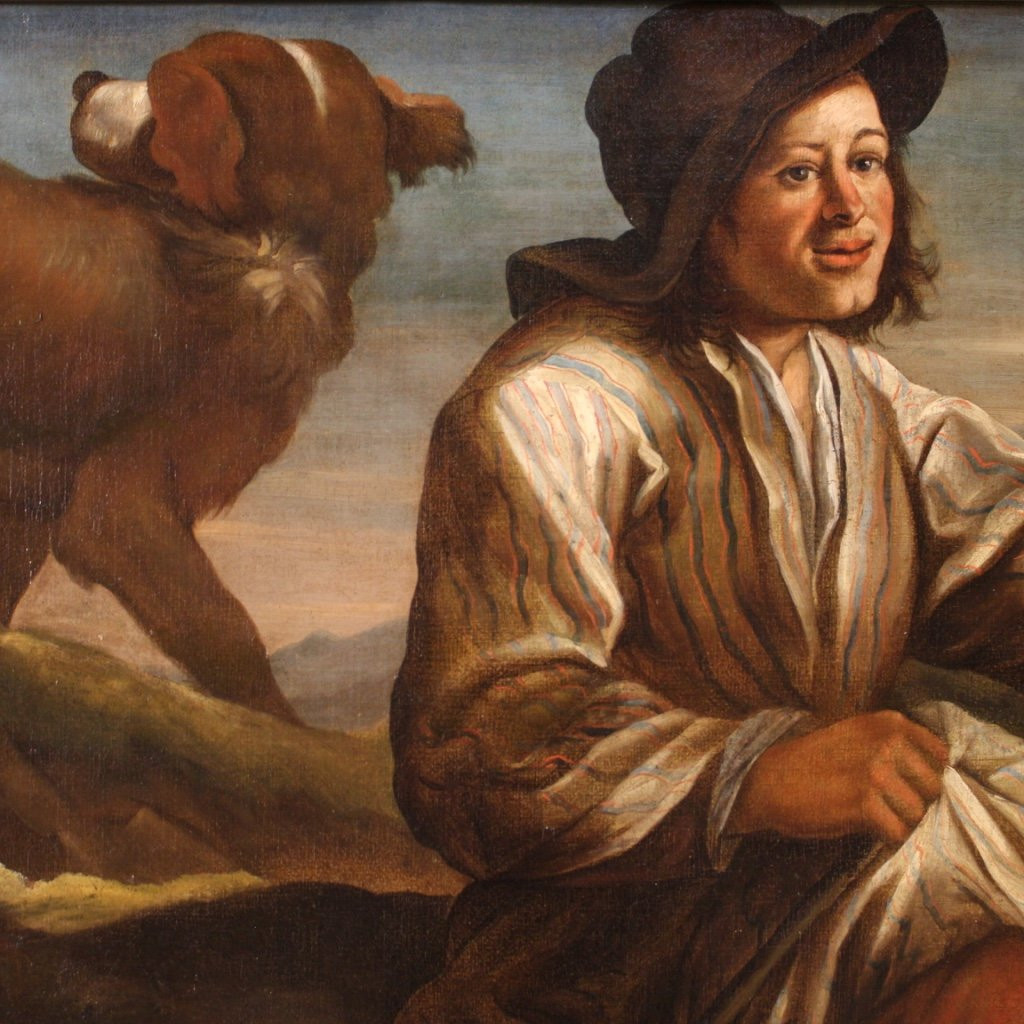 Antico dipinto lombardo del XVII secolo, il pastore con i suoi cani-photo-2