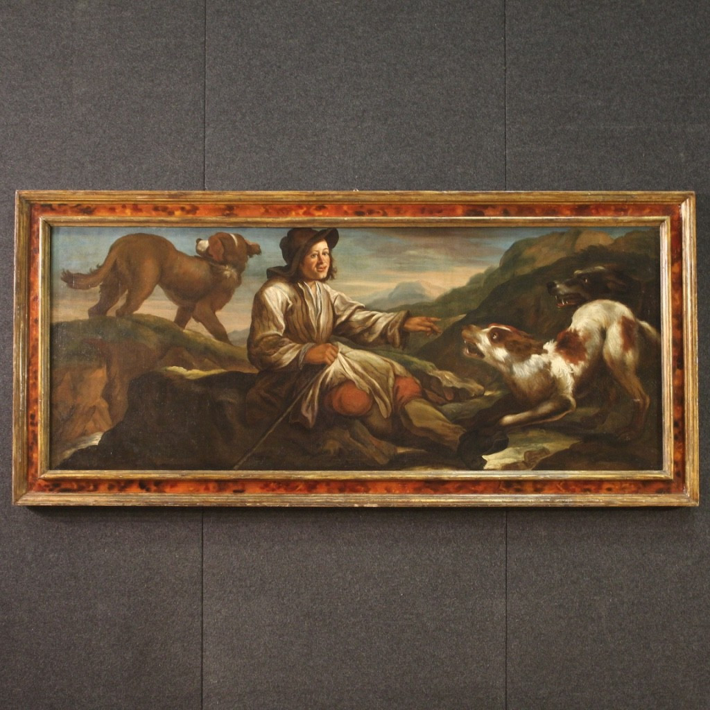 Antico dipinto lombardo del XVII secolo, il pastore con i suoi cani