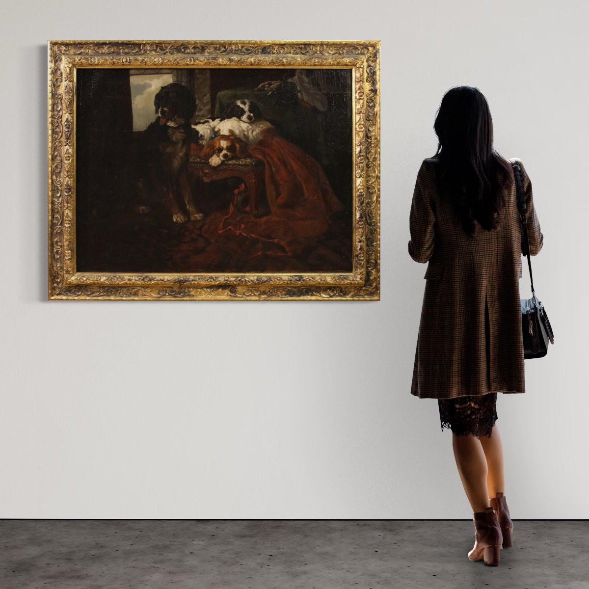 Grande quadro francese del XIX secolo, interno con cani da compagnia-photo-2
