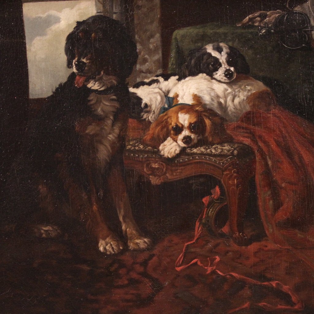 Grande quadro francese del XIX secolo, interno con cani da compagnia-photo-3