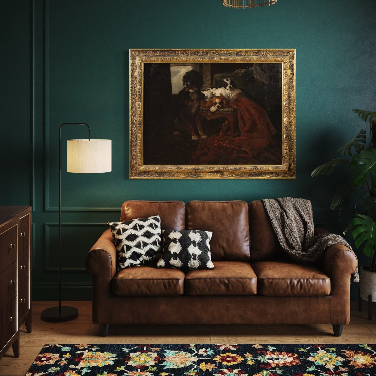 Grande quadro francese del XIX secolo, interno con cani da compagnia-photo-1