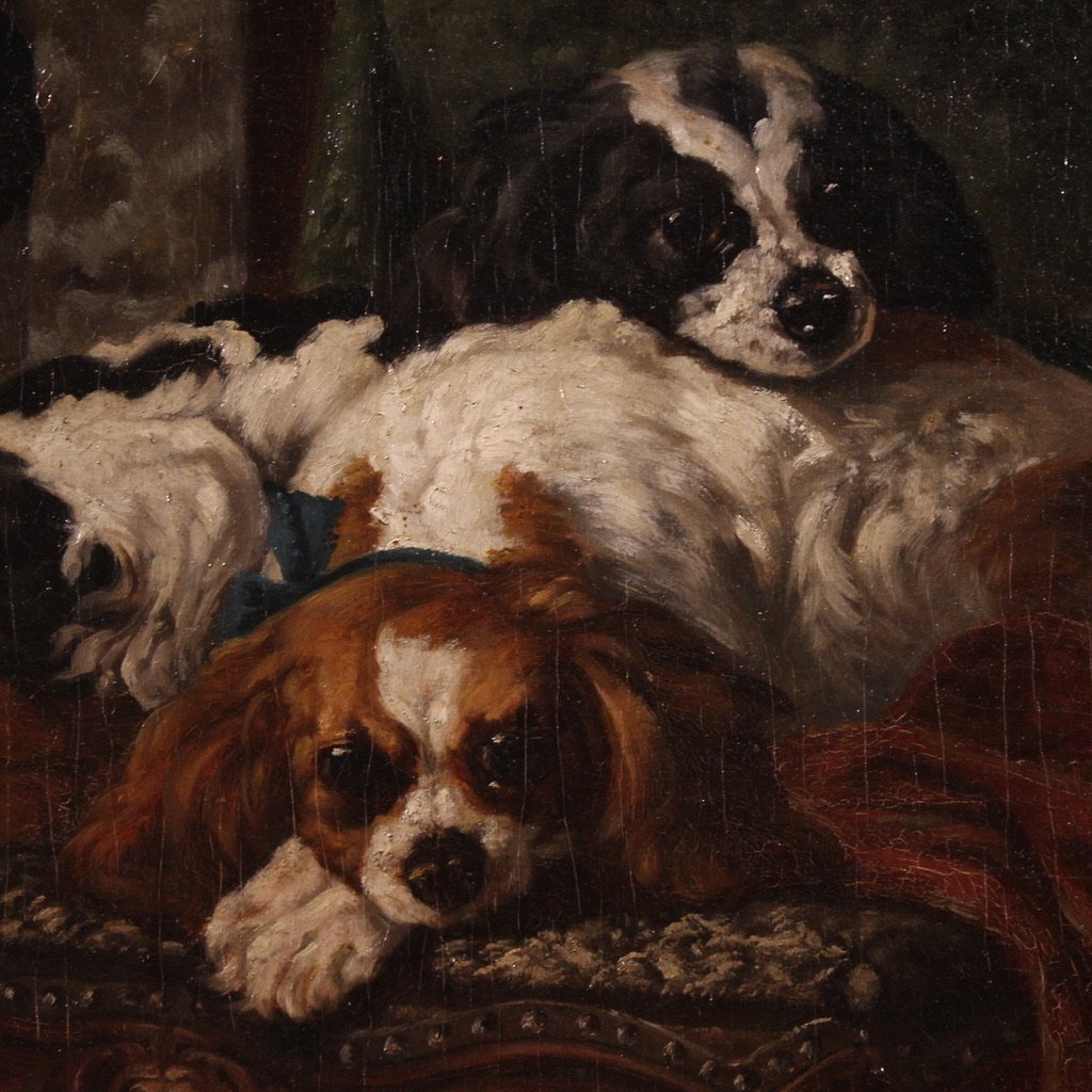Grande quadro francese del XIX secolo, interno con cani da compagnia-photo-2