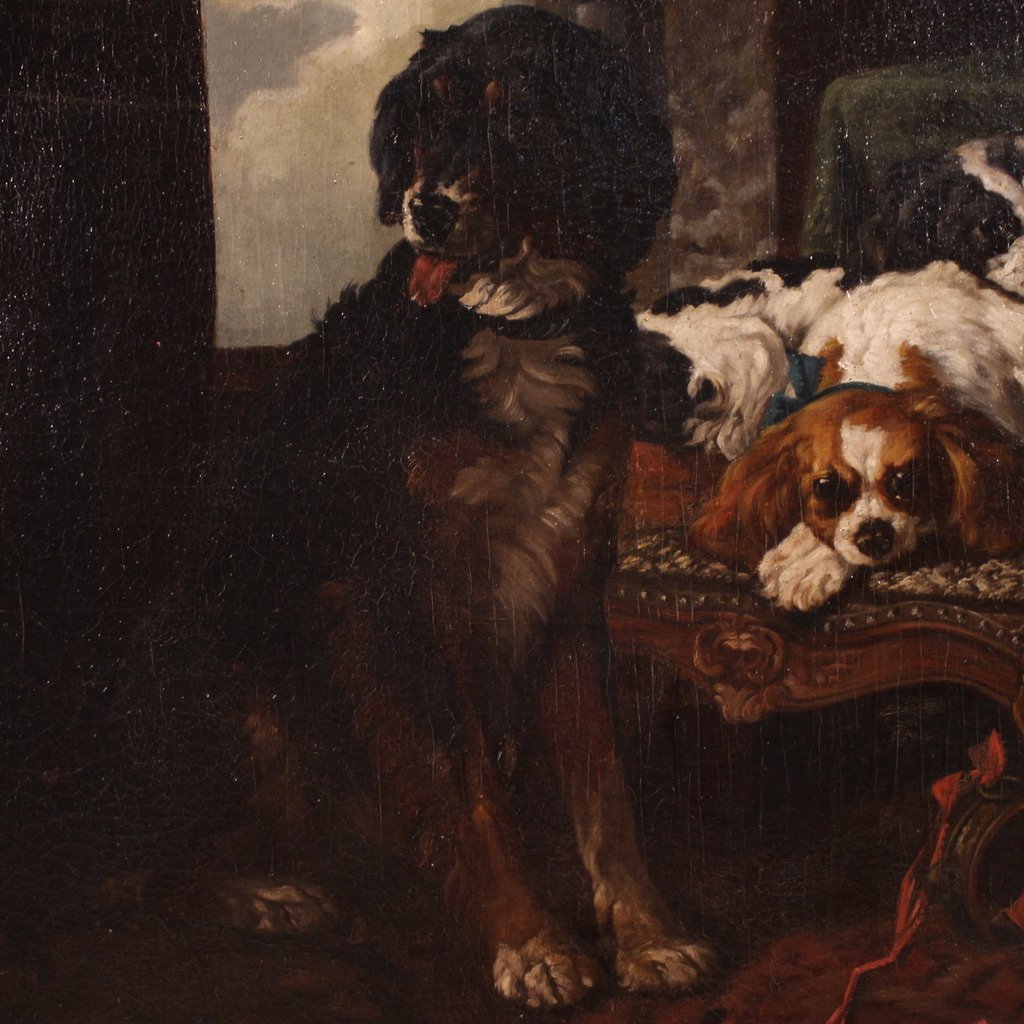 Grande quadro francese del XIX secolo, interno con cani da compagnia-photo-5
