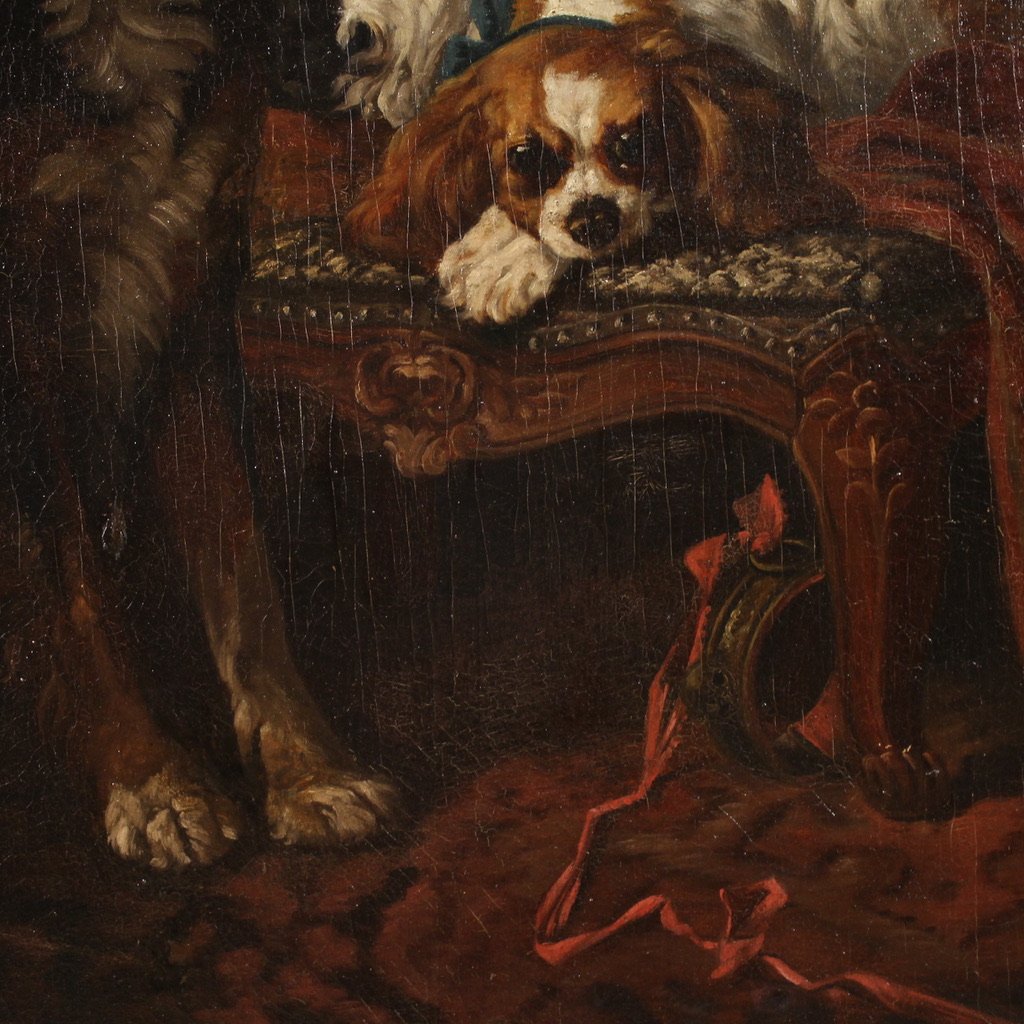 Grande quadro francese del XIX secolo, interno con cani da compagnia-photo-6