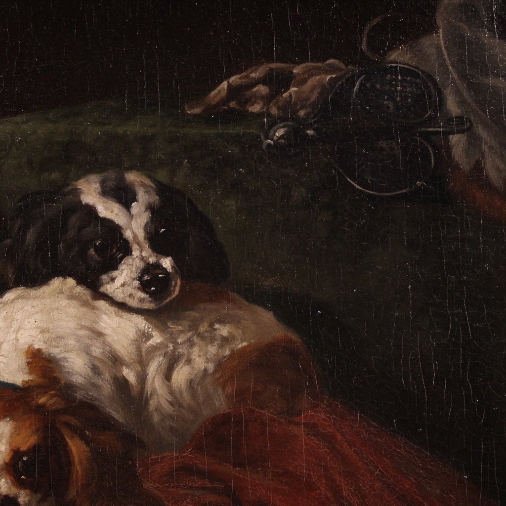 Grande quadro francese del XIX secolo, interno con cani da compagnia-photo-7