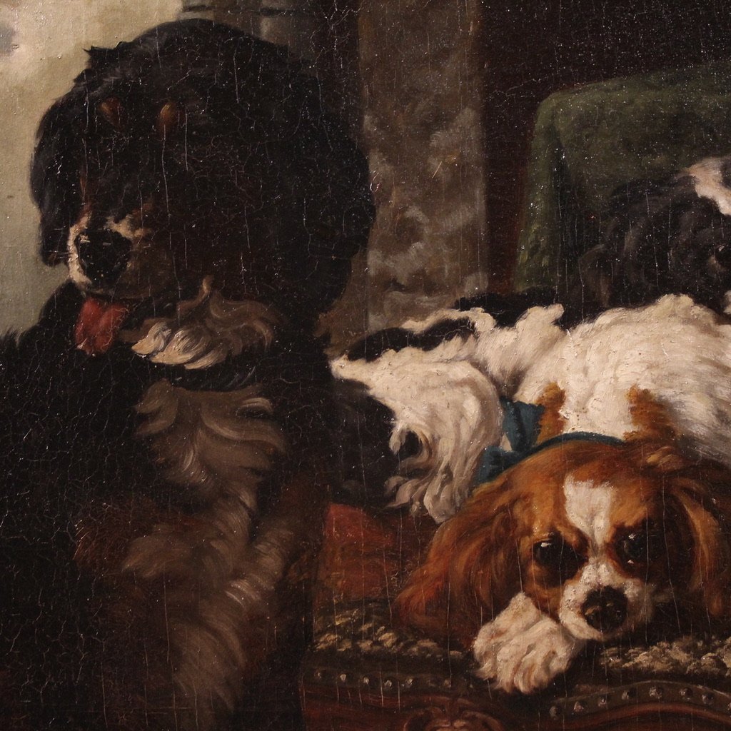 Grande quadro francese del XIX secolo, interno con cani da compagnia-photo-8
