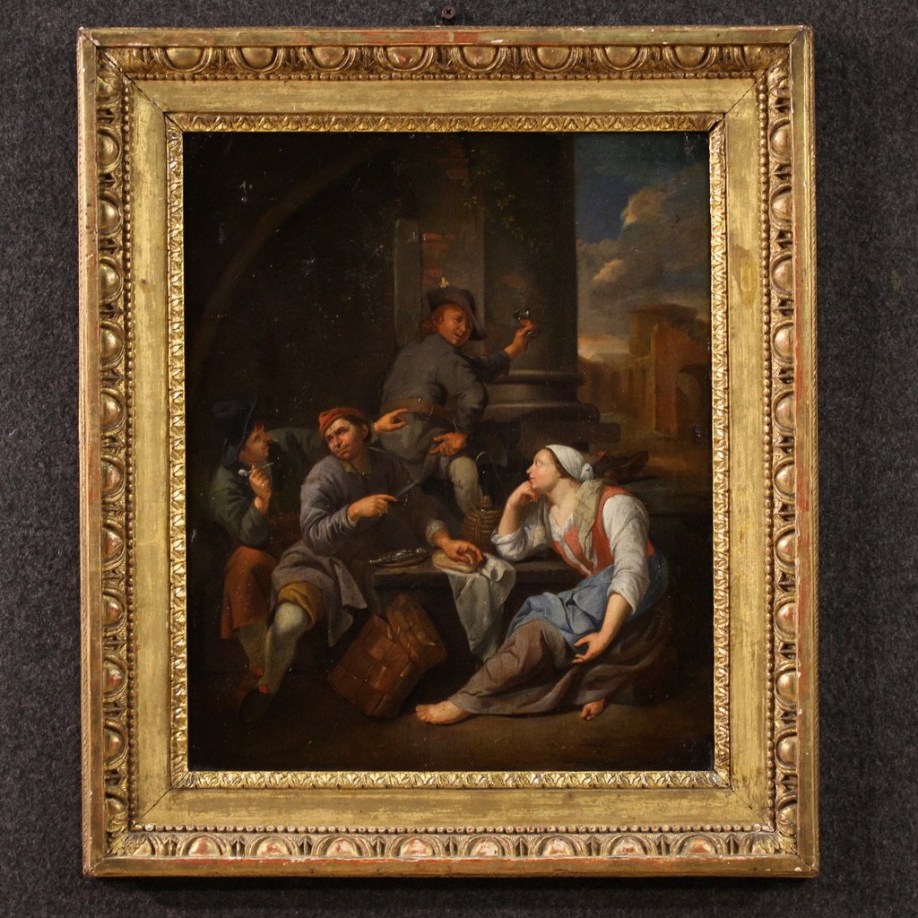 Antico quadro fiammingo del XVIII secolo, scena di genere popolare-photo-2