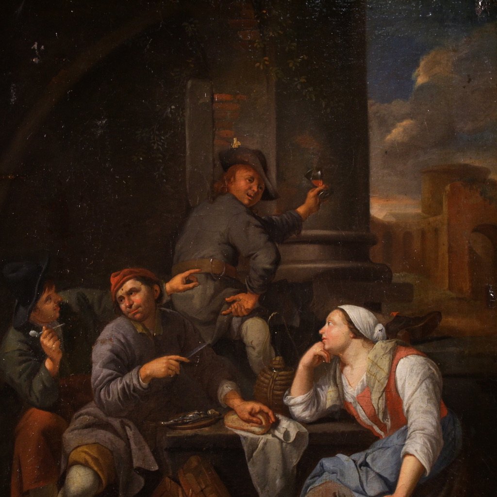 Antico quadro fiammingo del XVIII secolo, scena di genere popolare-photo-4