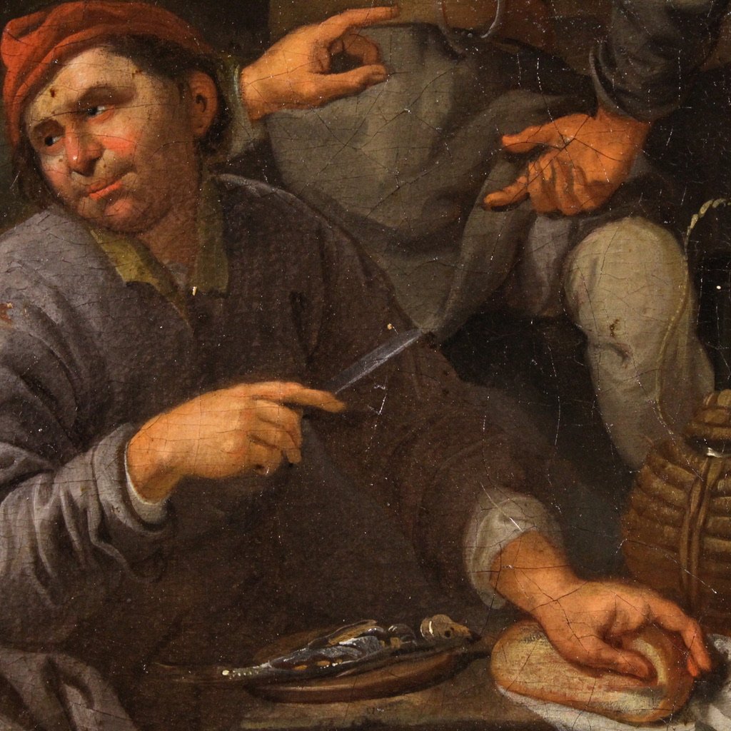 Antico quadro fiammingo del XVIII secolo, scena di genere popolare-photo-4