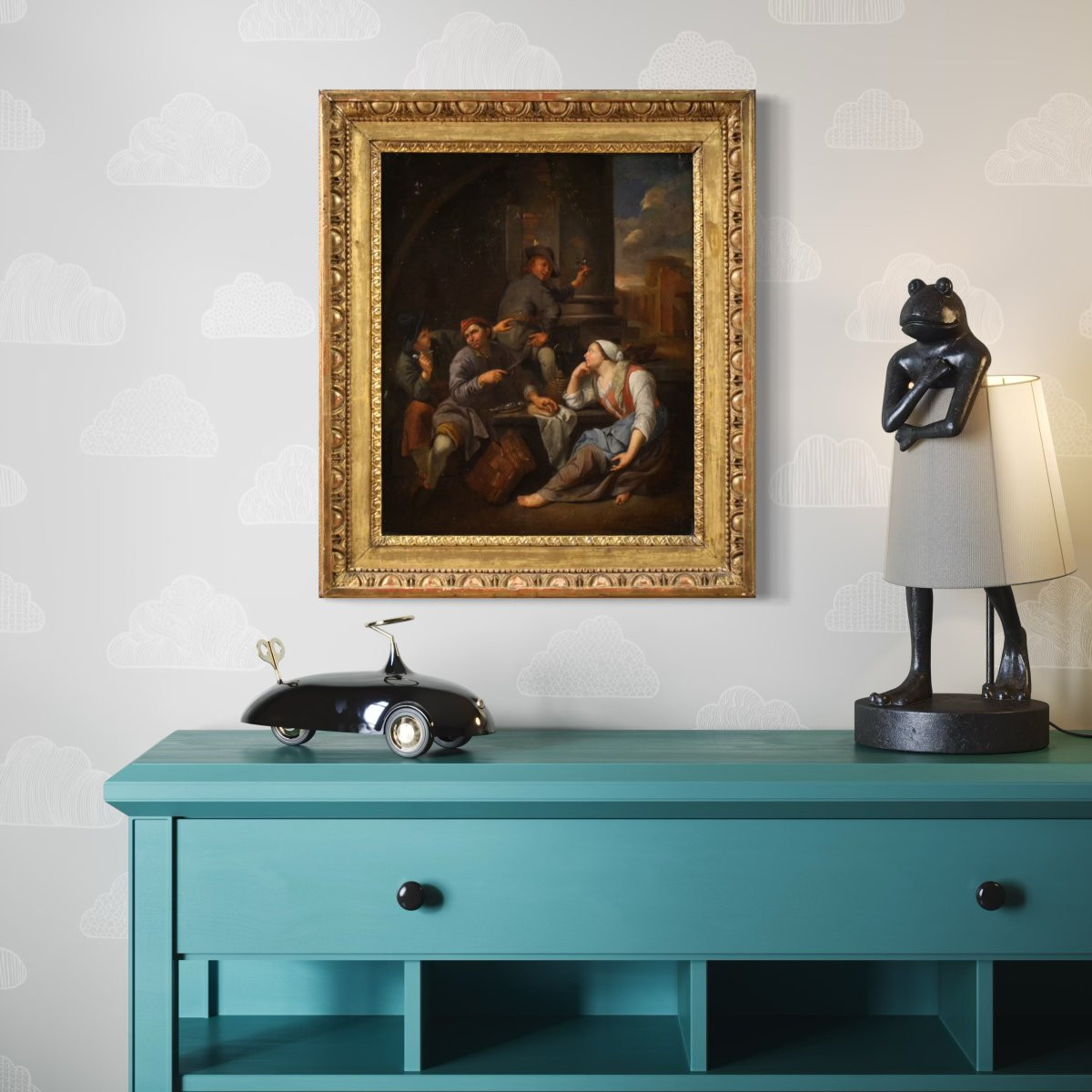 Antico quadro fiammingo del XVIII secolo, scena di genere popolare-photo-6