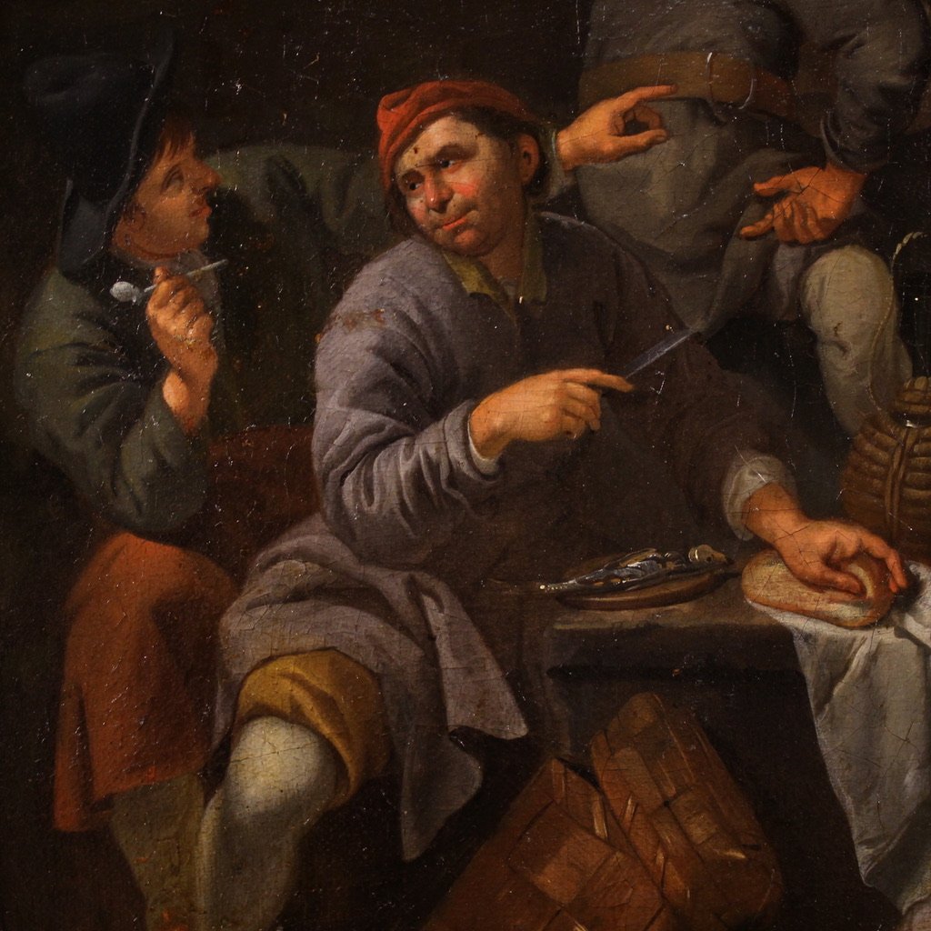 Antico quadro fiammingo del XVIII secolo, scena di genere popolare-photo-8