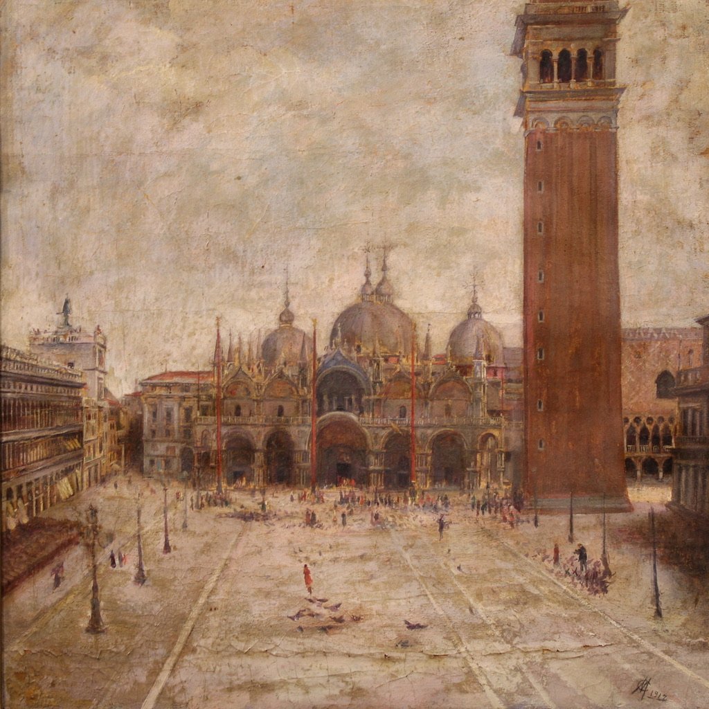 Dipinto veduta di Piazza San Marco siglato e datato 1917-photo-3