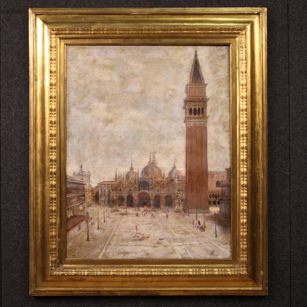 Dipinto veduta di Piazza San Marco siglato e datato 1917