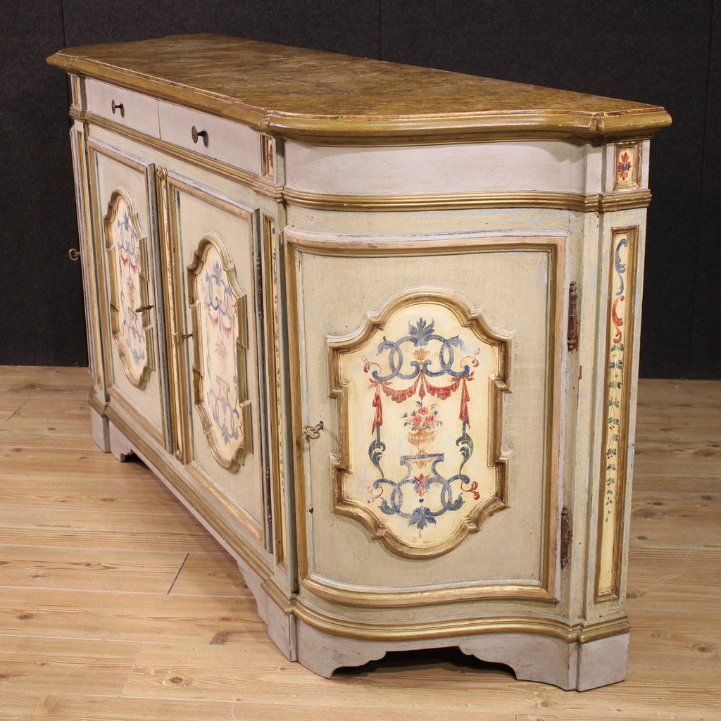 Grande credenza veneta laccata e dipinta del XX secolo-photo-1