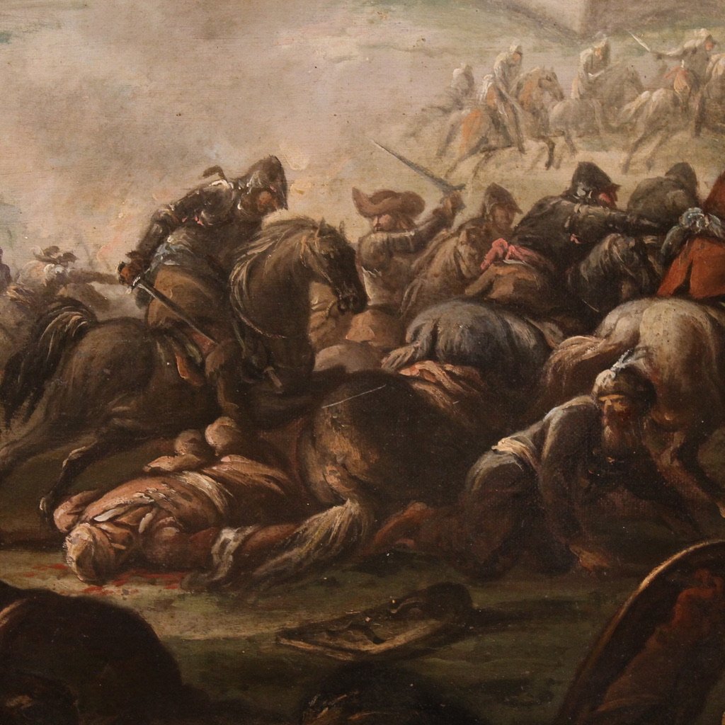 Grande dipinto italiano del XVIII secolo, battaglia tra Cristiani e Ottomani-photo-6