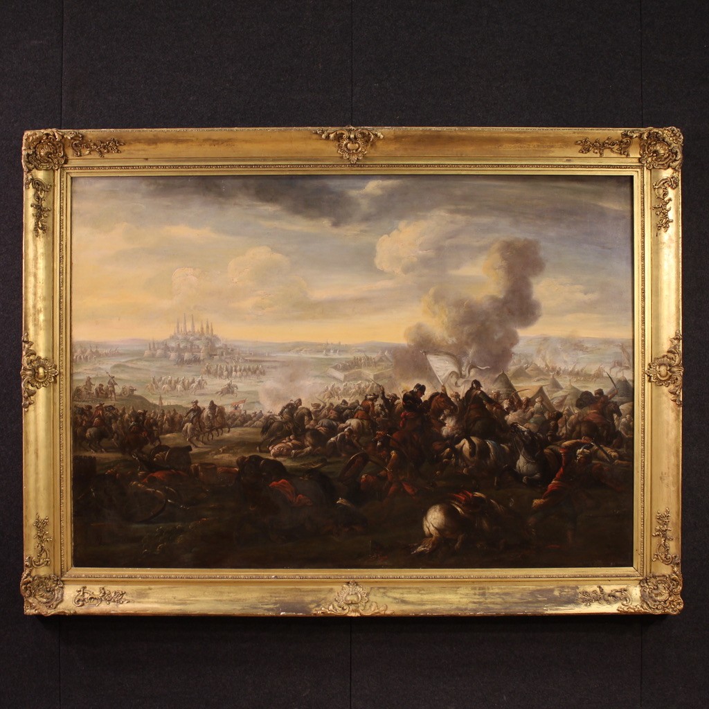 Grande dipinto italiano del XVIII secolo, battaglia tra Cristiani e Ottomani