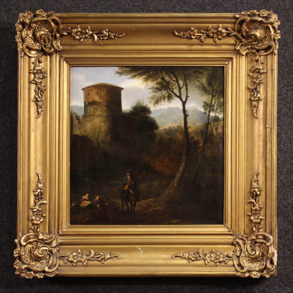 Antico dipinto su tavola del XVIII secolo, paesaggio arcadico con cavaliere-photo-2