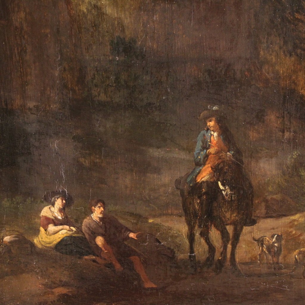 Antico dipinto su tavola del XVIII secolo, paesaggio arcadico con cavaliere-photo-4