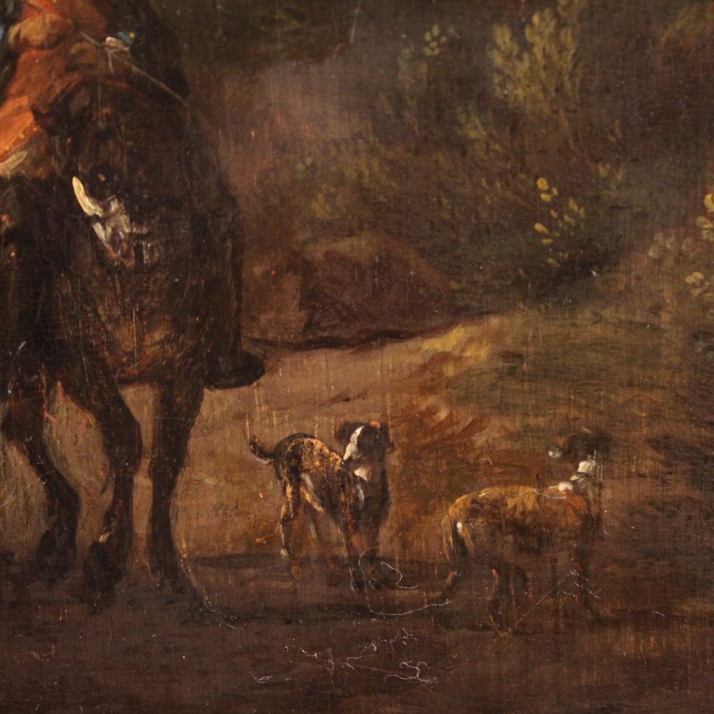 Antico dipinto su tavola del XVIII secolo, paesaggio arcadico con cavaliere-photo-1