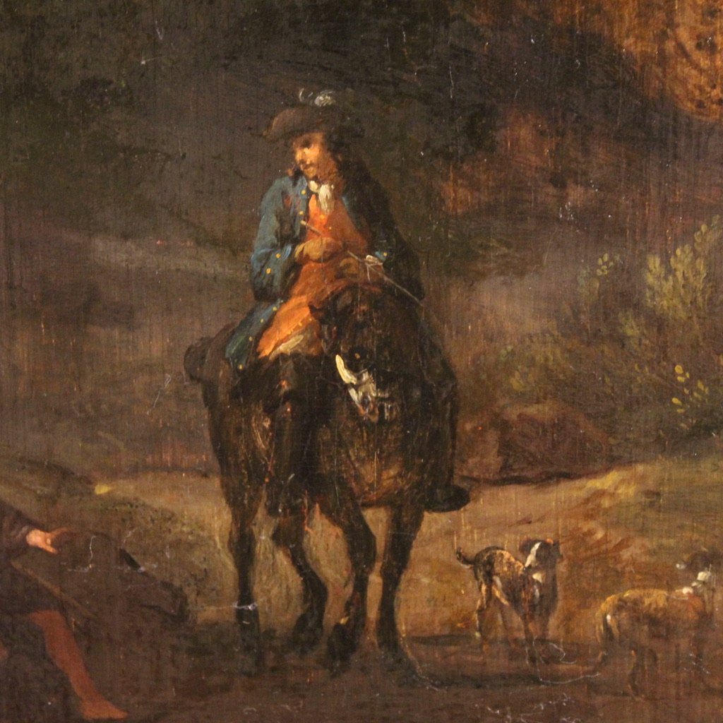 Antico dipinto su tavola del XVIII secolo, paesaggio arcadico con cavaliere-photo-3