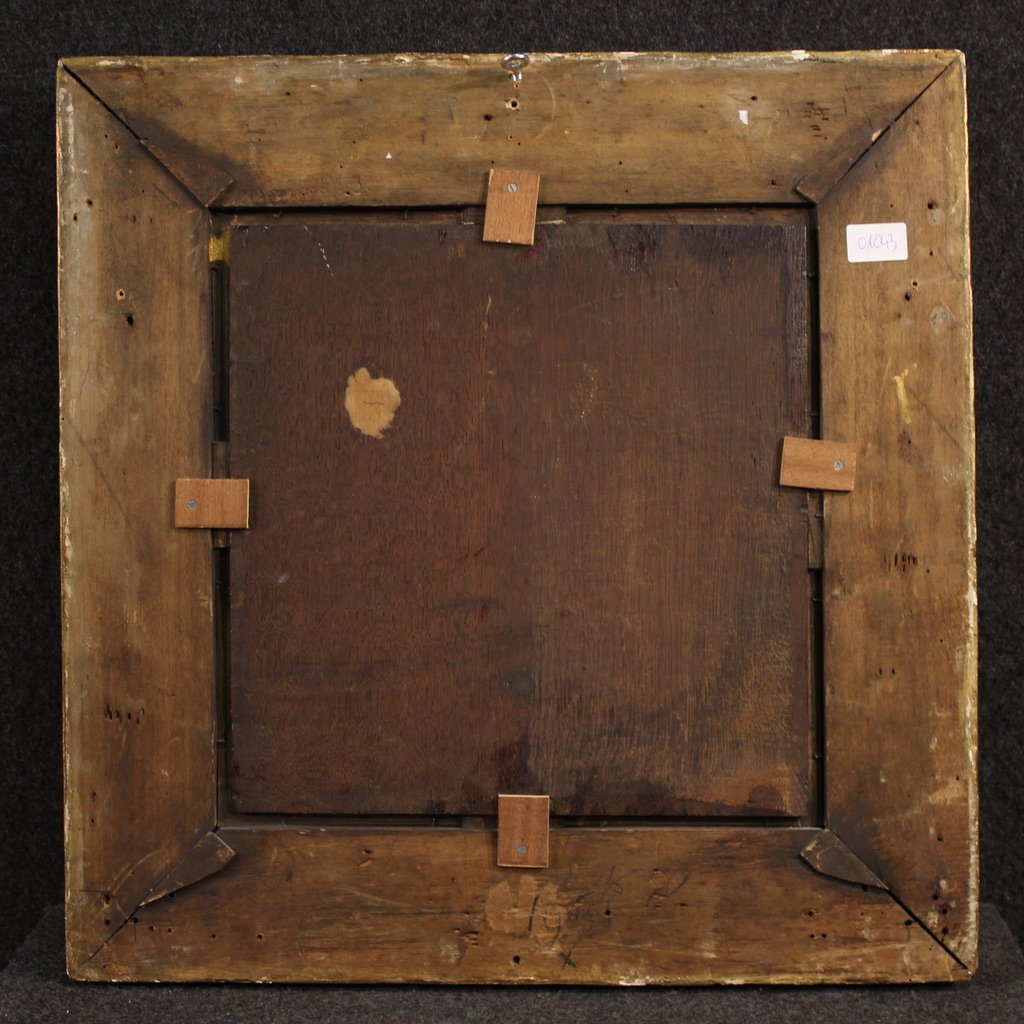 Antico dipinto su tavola del XVIII secolo, paesaggio arcadico con cavaliere-photo-4