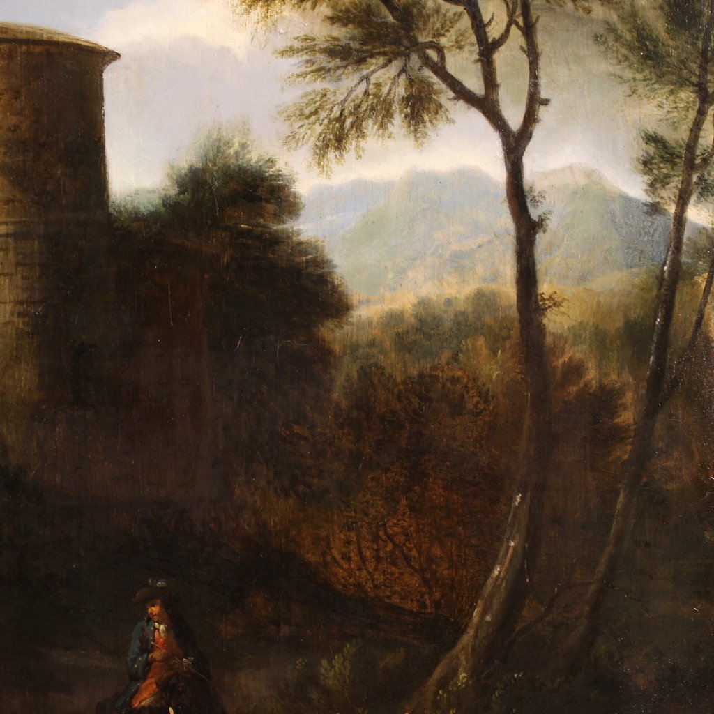 Antico dipinto su tavola del XVIII secolo, paesaggio arcadico con cavaliere-photo-7