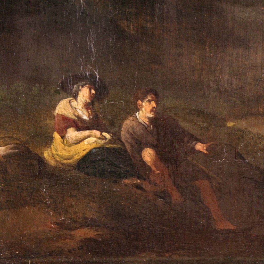 Antico dipinto su tavola del XVIII secolo, paesaggio arcadico con cavaliere-photo-8