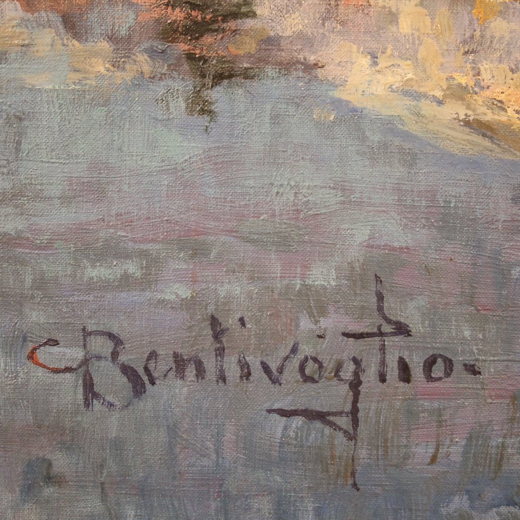 Dipinto italiano paesaggio firmato C. Bentivoglio del XX secolo-photo-3