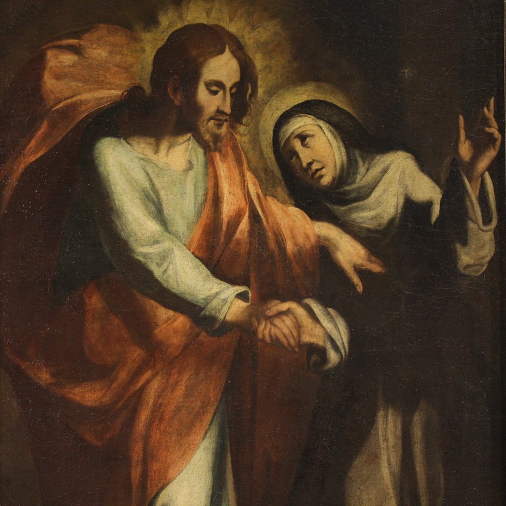Grande quadro religioso del XVII secolo, Cristo appare a Santa Caterina da Siena-photo-2