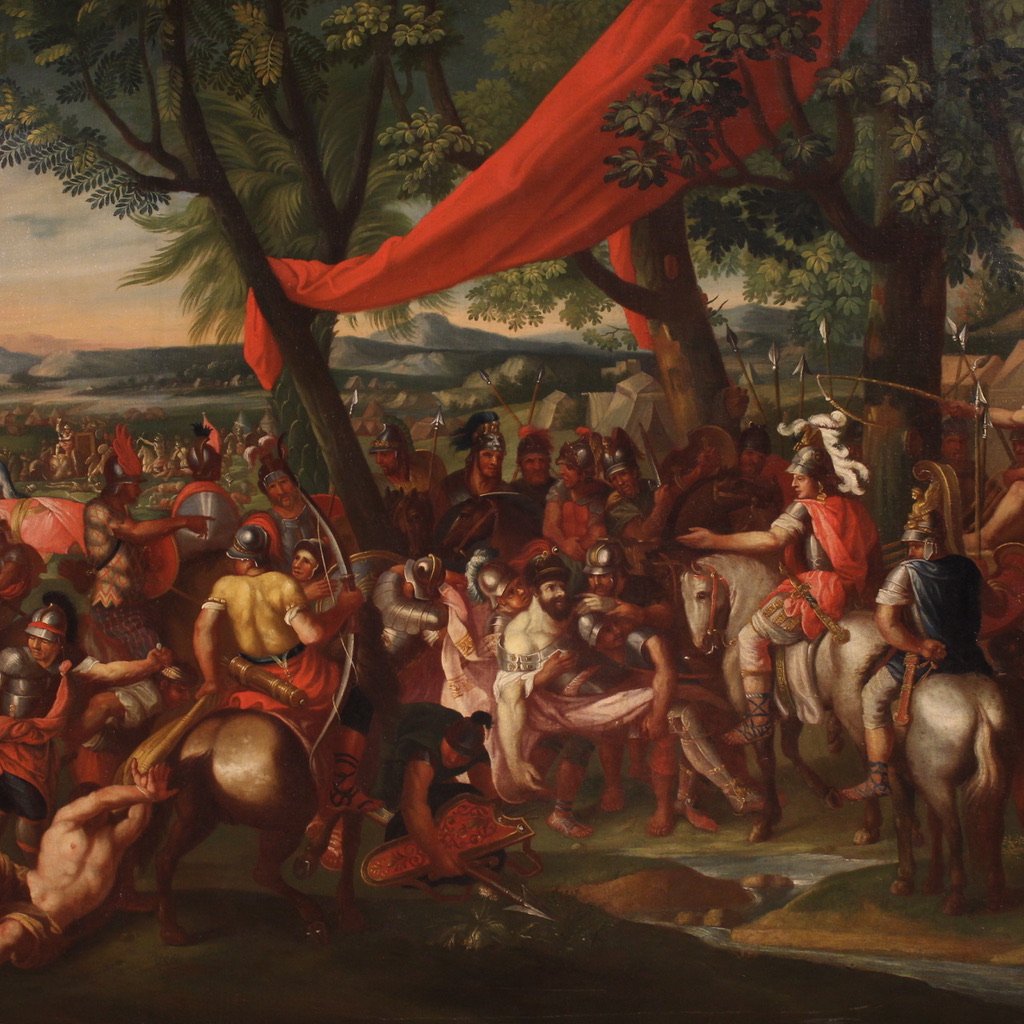 Grande dipinto battaglia del XVIII secolo, Alessandro Magno e Poro-photo-1