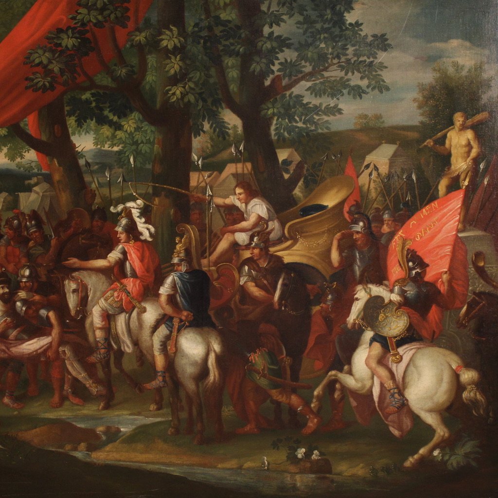 Grande dipinto battaglia del XVIII secolo, Alessandro Magno e Poro-photo-8