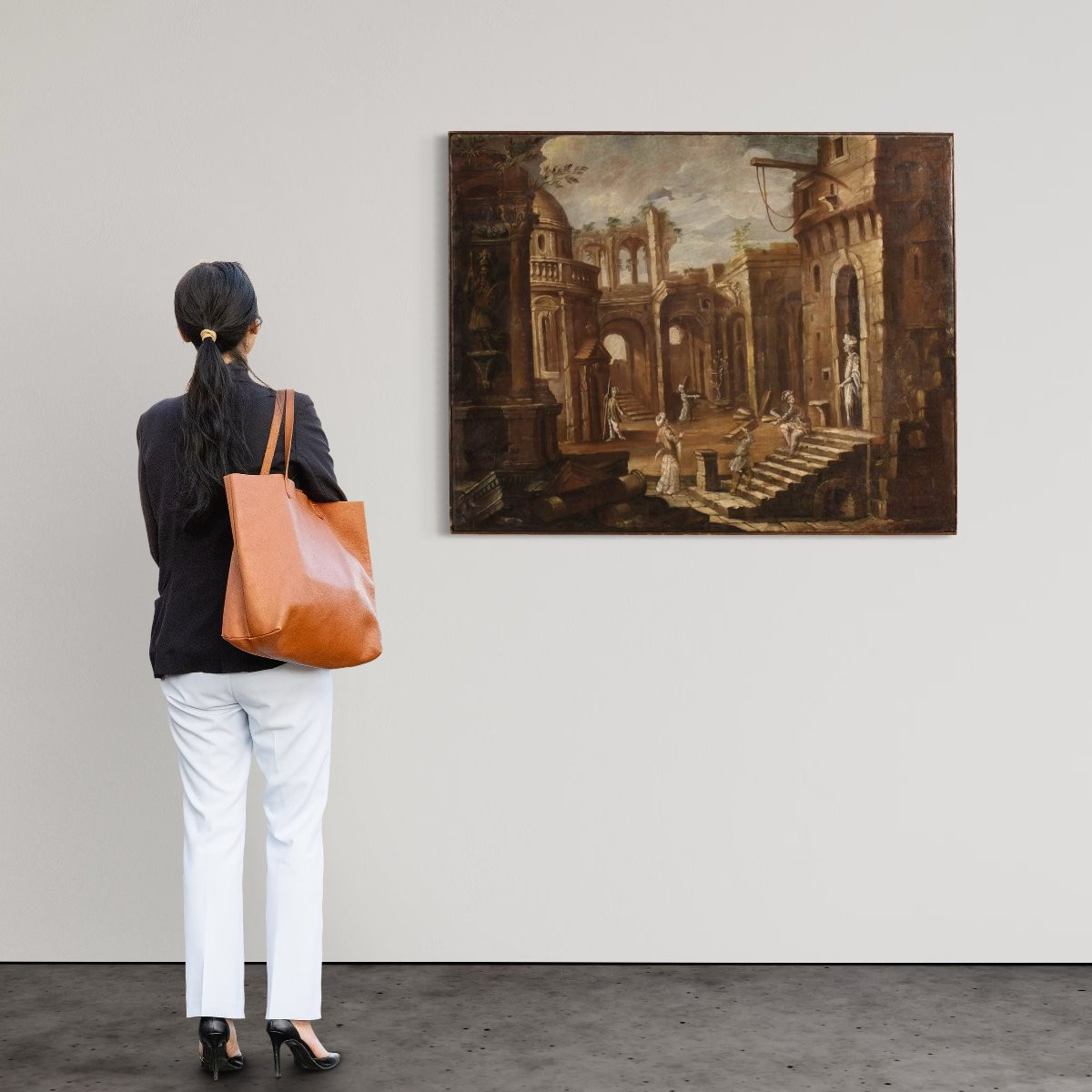 Antico dipinto italiano del XVIII secolo, Capriccio architettonico con figure-photo-2