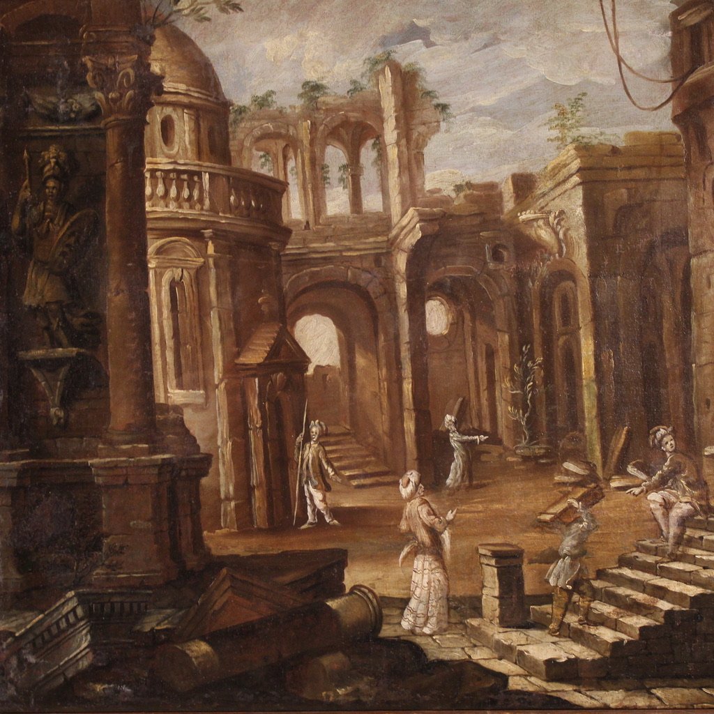 Antico dipinto italiano del XVIII secolo, Capriccio architettonico con figure-photo-1
