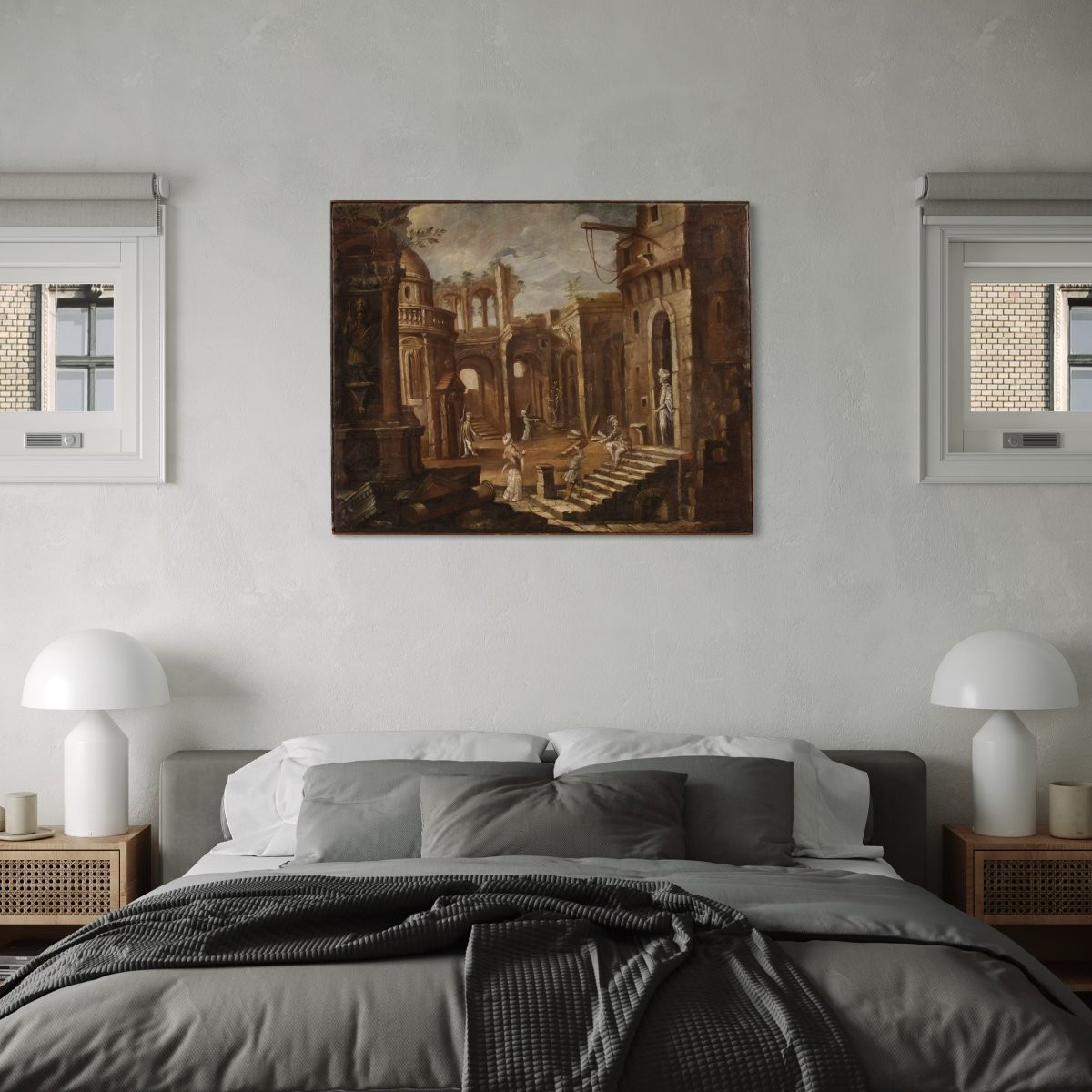 Antico dipinto italiano del XVIII secolo, Capriccio architettonico con figure-photo-4