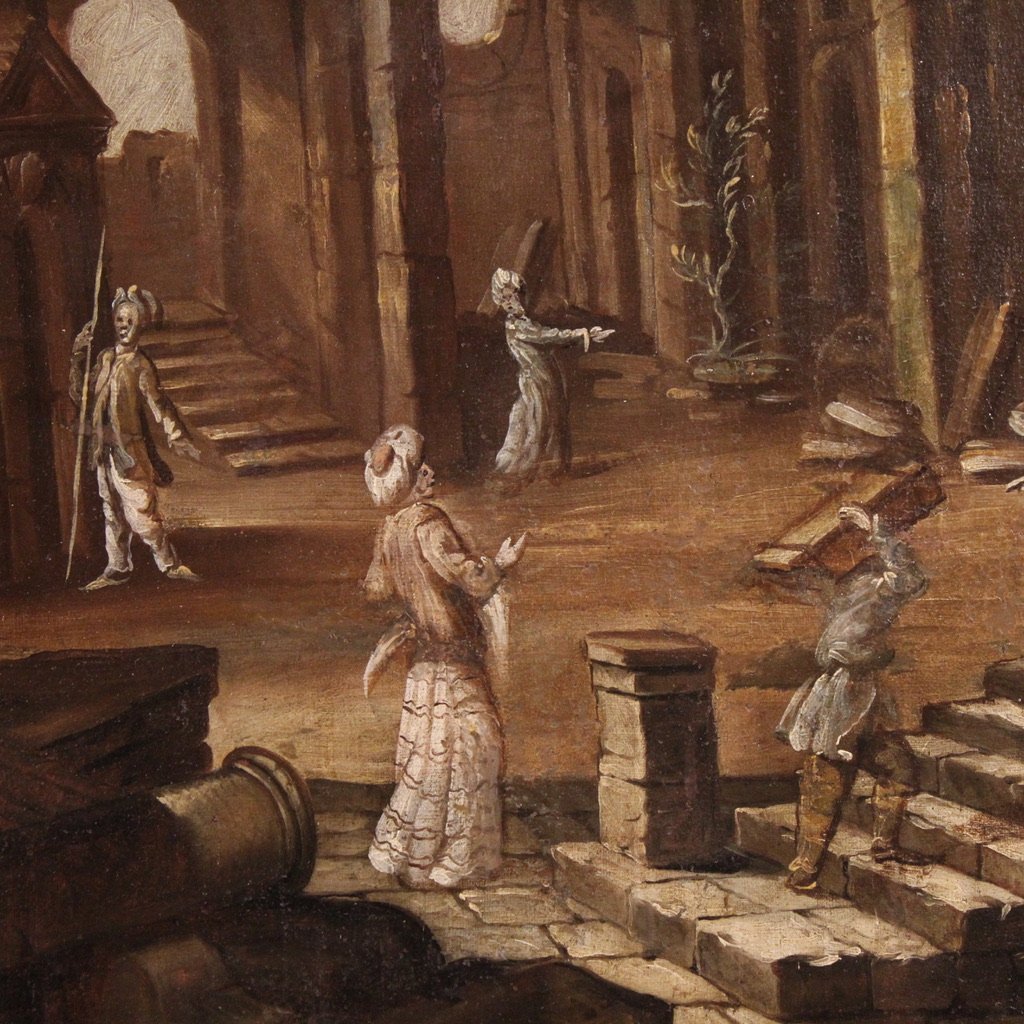 Antico dipinto italiano del XVIII secolo, Capriccio architettonico con figure-photo-6